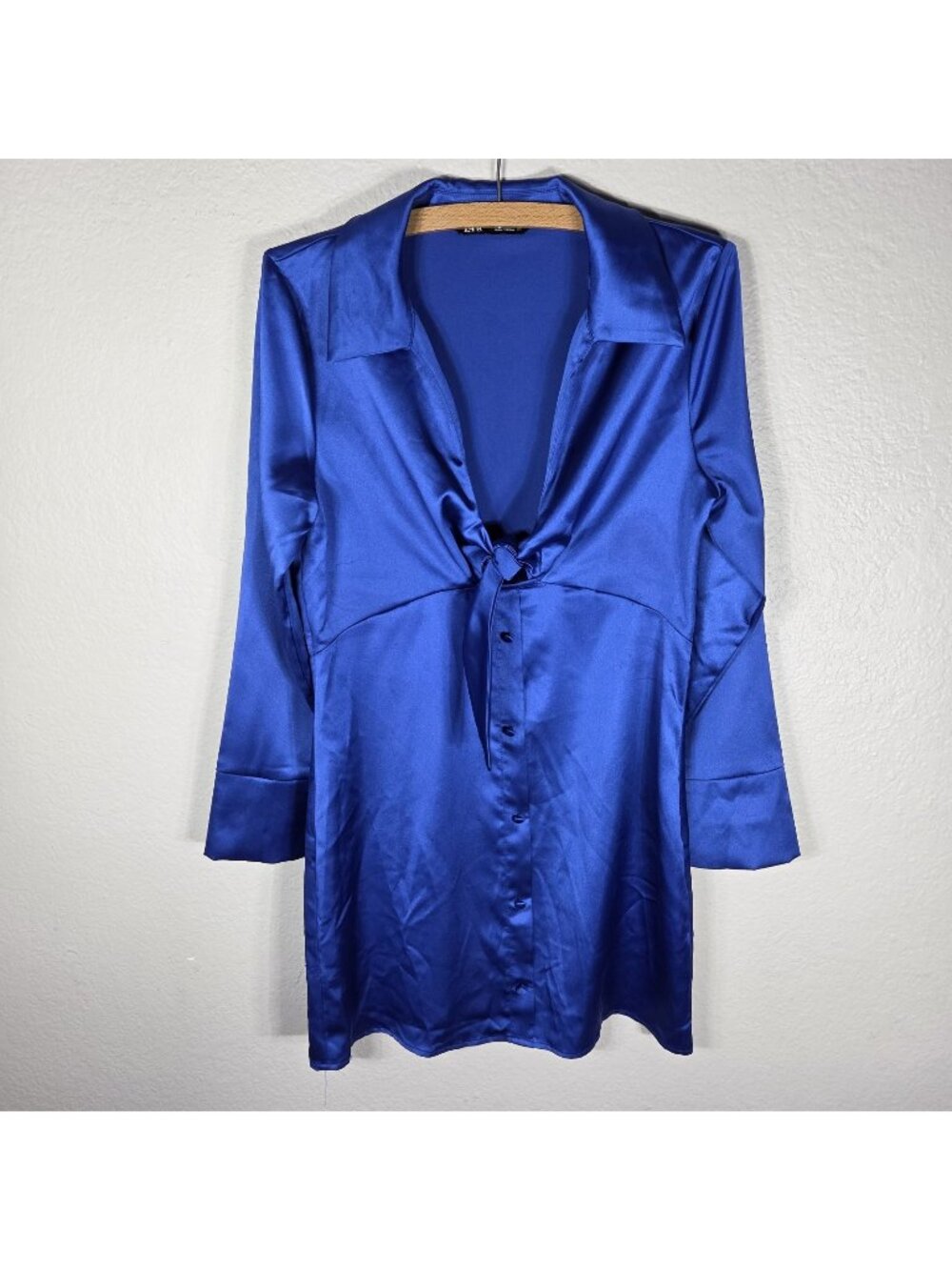 Zara Satin Effect Royal Blue Shirt Dress Mini Size M Tie Front Collared